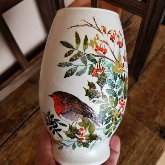 Robins & Holly Berries Glass Vase, Painted Decoupaged Vase, 7 Inch Height - Picture 5 of 7